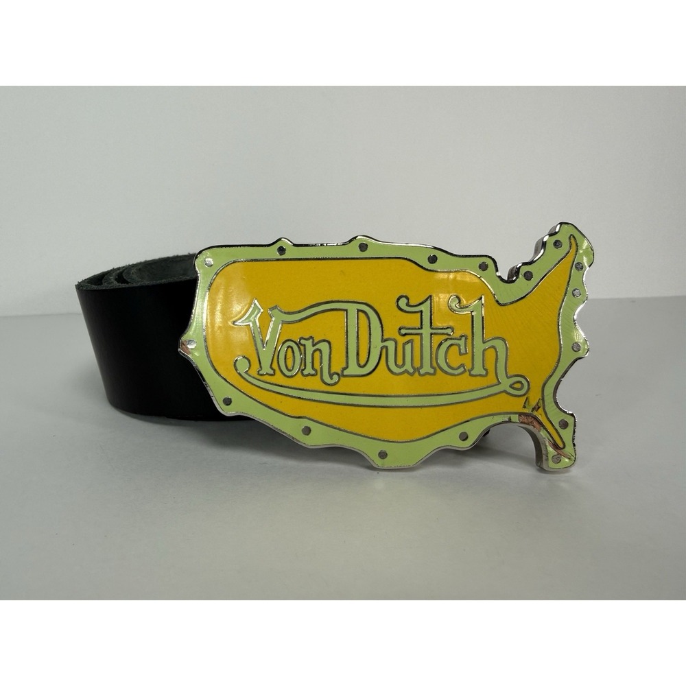 Vintage Von Dutch black leather belt 41' Yellow green enamel buckle USA shaped